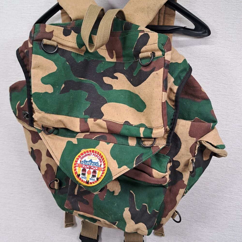 Woodland Camo Canvas Rucksack Backpack Vintage Scout Patch Gorpcore Daypack - Picture 3 of 10